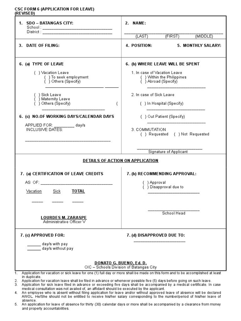 CSC Form 6: Leave Application Guide | PDF | Leave Of Absence | Sick Leave
