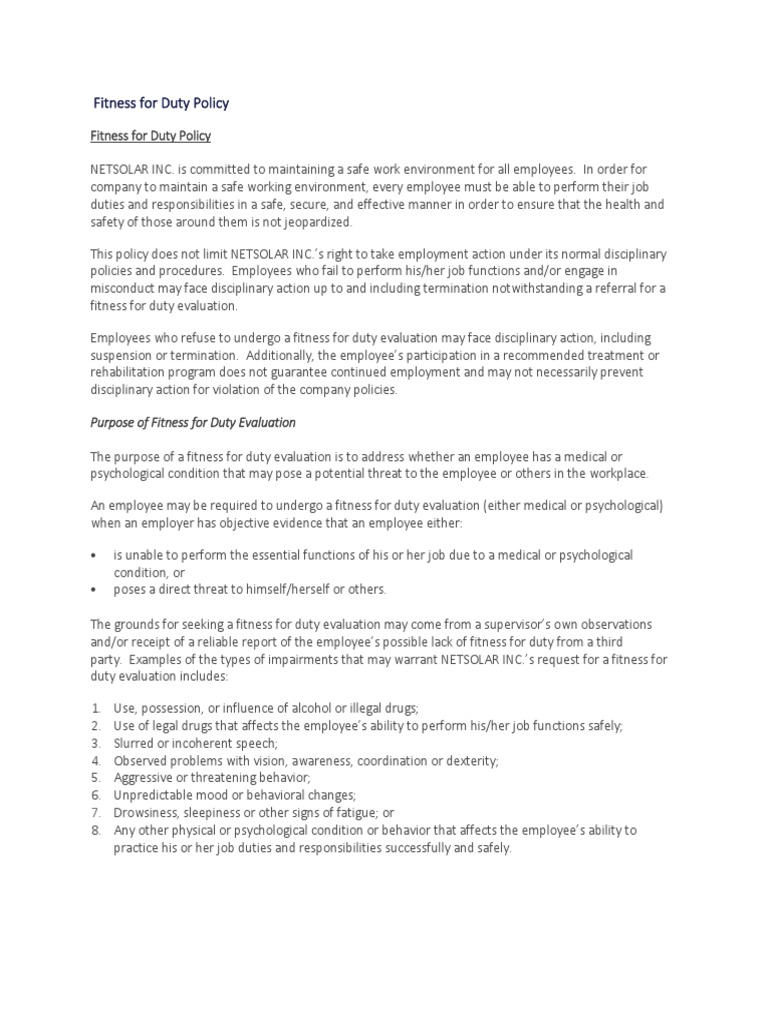 Fitness For Duty Procedure | PDF | Confidentiality | Employment