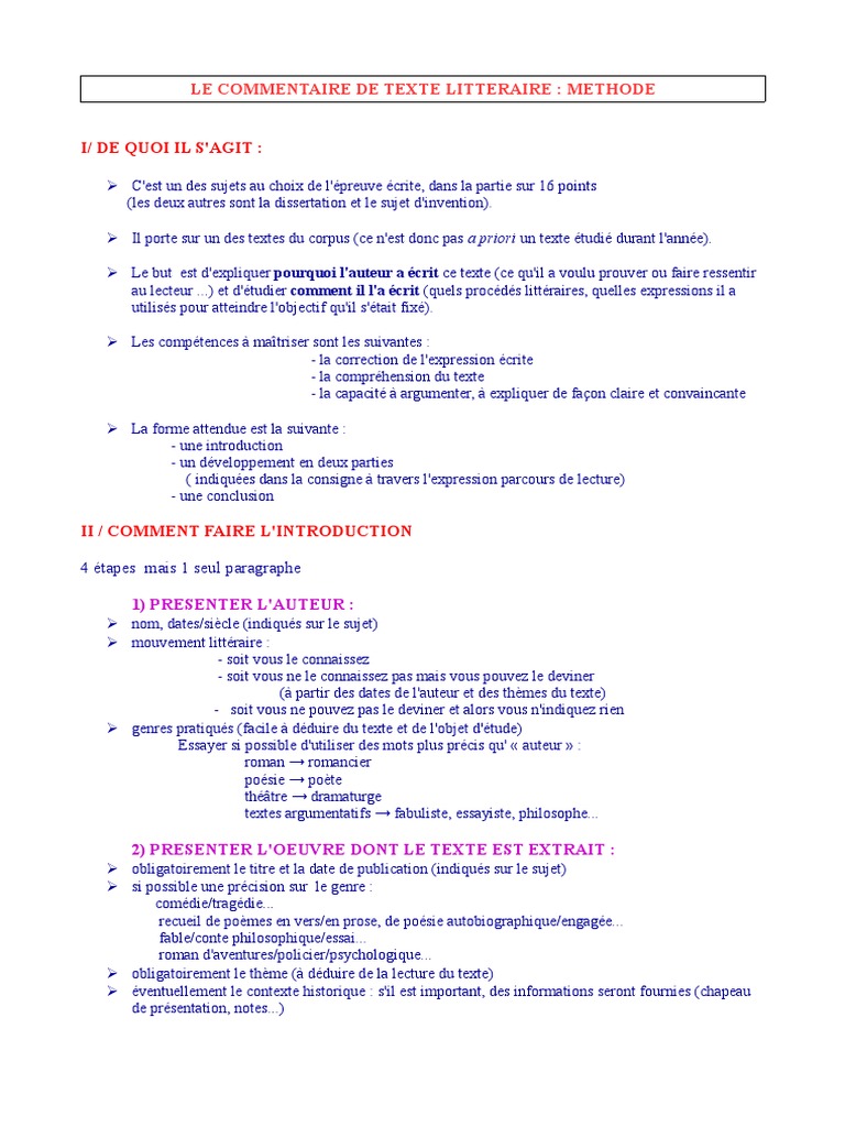 Le Commentaire De Texte Pdf Poesie Romans