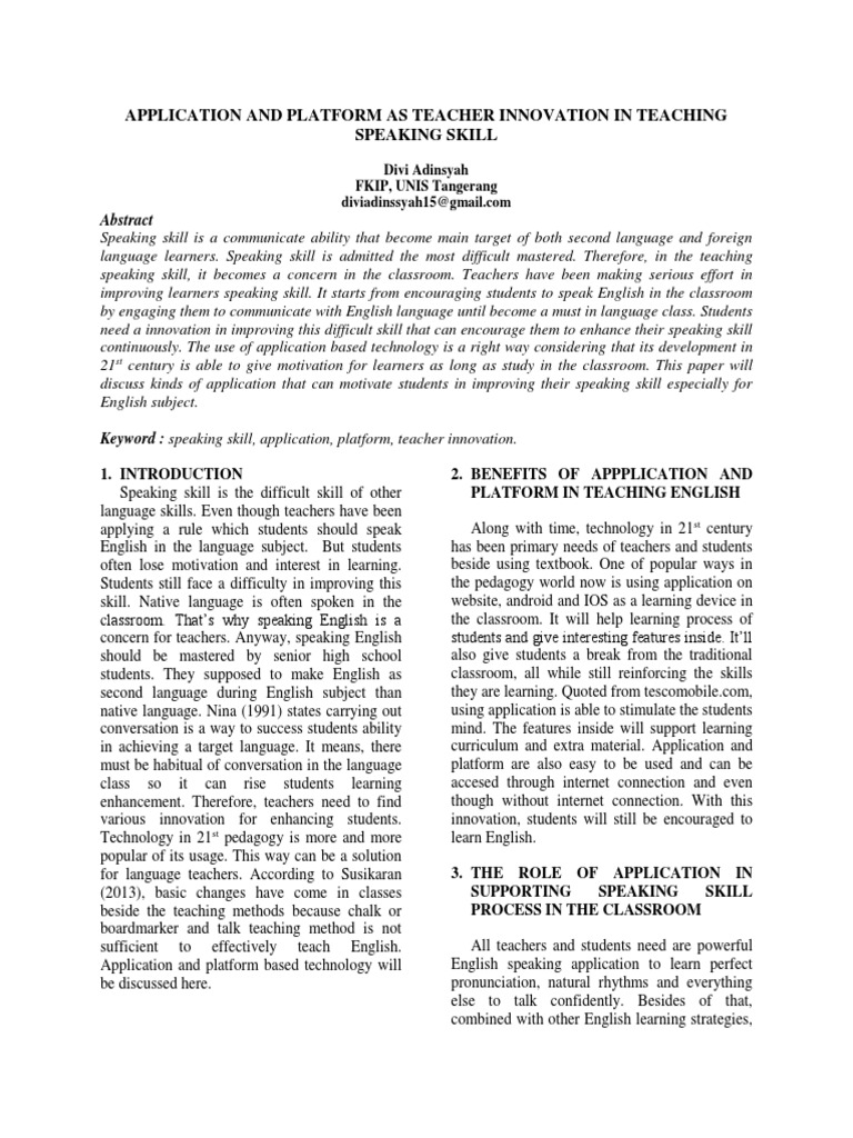 Application And Platform As Teacher Innovation In Teaching Speaking Skill Pdf Teaching Method Teachers