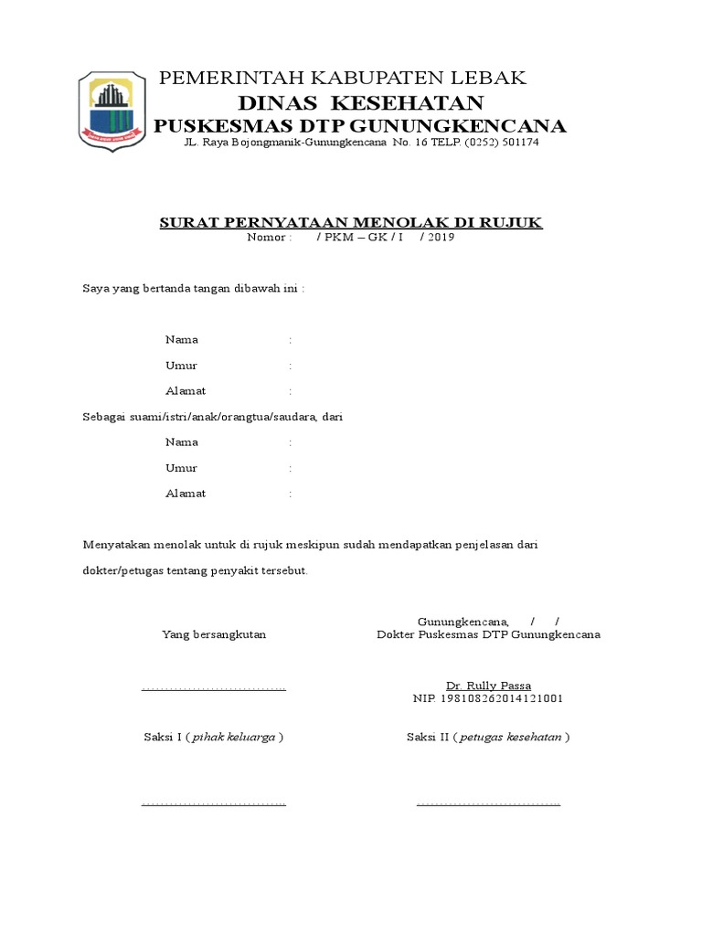 Surat Pernyataan Menolak Rujukan Medis | PDF | Pengembangan Diri
