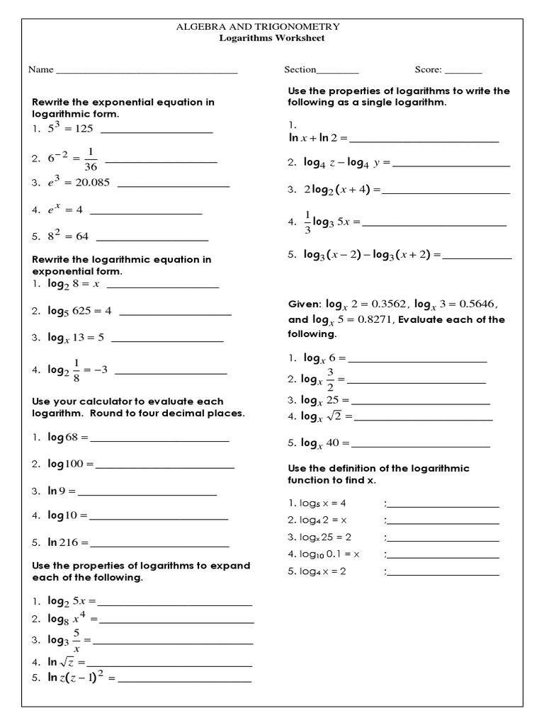 Logarithm Worksheet Logarithm Combinatorics