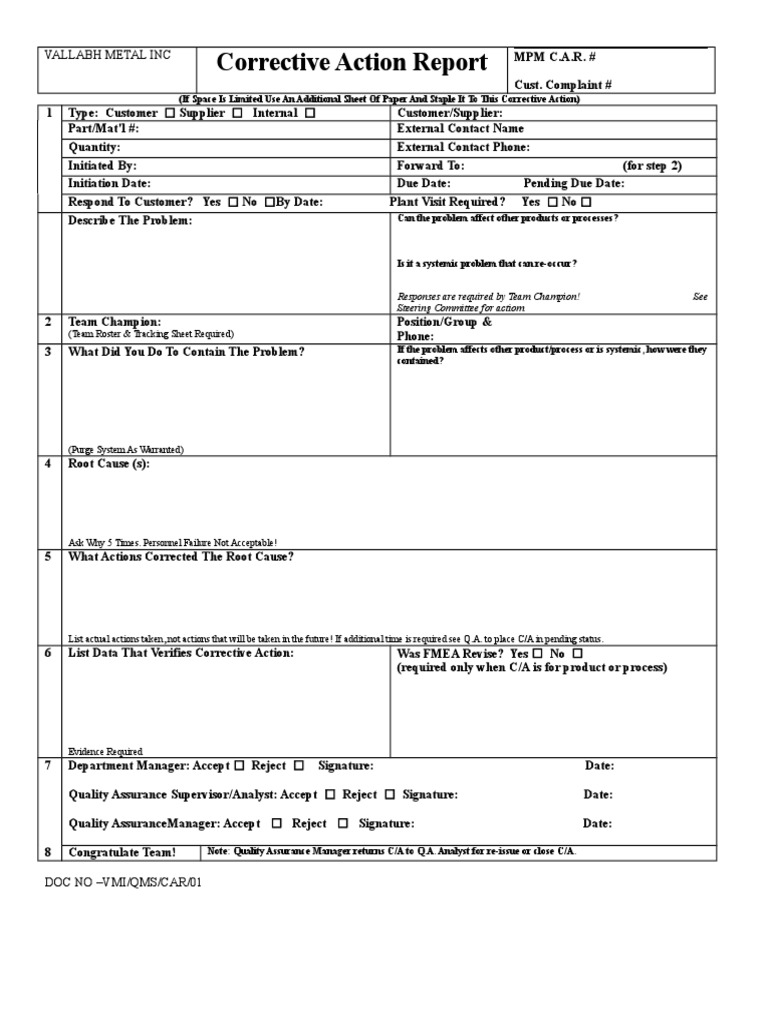 Corrective Action Report Template | PDF | Quality Assurance | Business ...