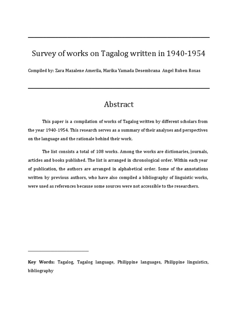 Survey Of Works On Tagalog Written In 1940 1954 Tagalog Language Lexicology