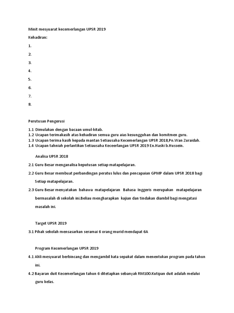 Minit Mesyuarat Kecemerlangan Upsr 2019 Pdf