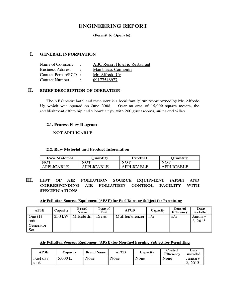 Pto Engineering Report - Hotel & Resort | PDF | N Ox | Air Pollution