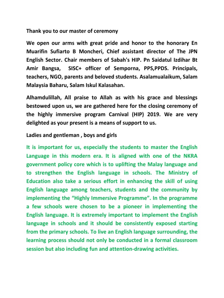 Principal's Speech at HIP 2019 Ceremony | PDF | Teachers | Communication