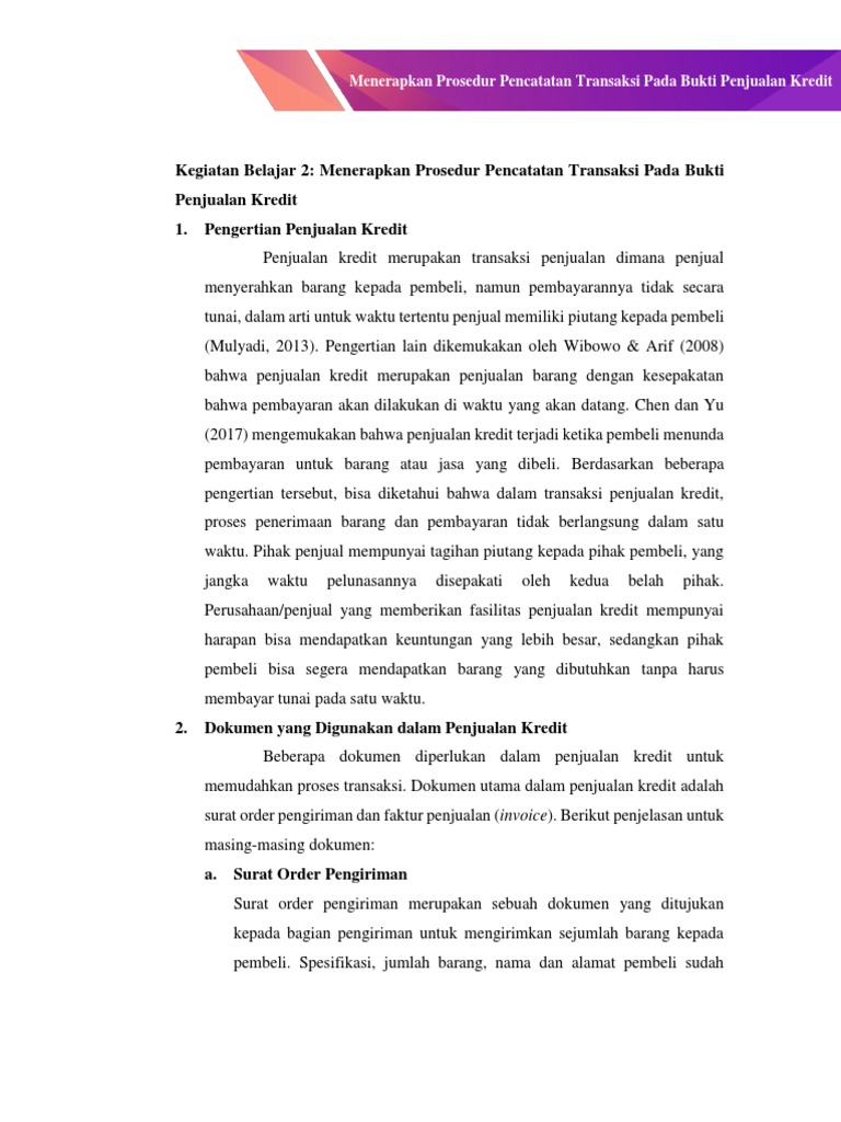 Modul 2 Administrasi Transaksi Kegiatan Belajar 2 Menerapkan Prosedur Pencatatan Transaksi Pada Bukti Penjualan Kredit