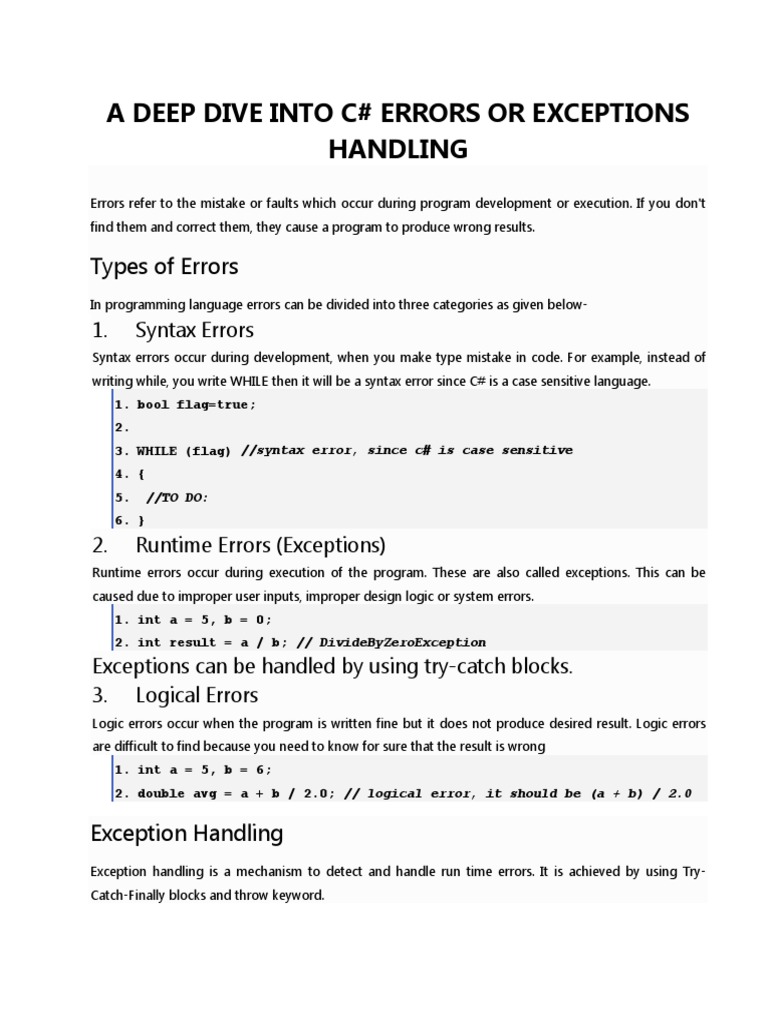 A Deep Dive Into Csharp Errors or Exceptions Handling | PDF | C Sharp ...