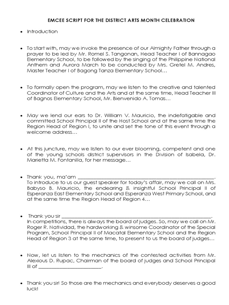 Emcee Script In The District Arts Month Celebration Pdf