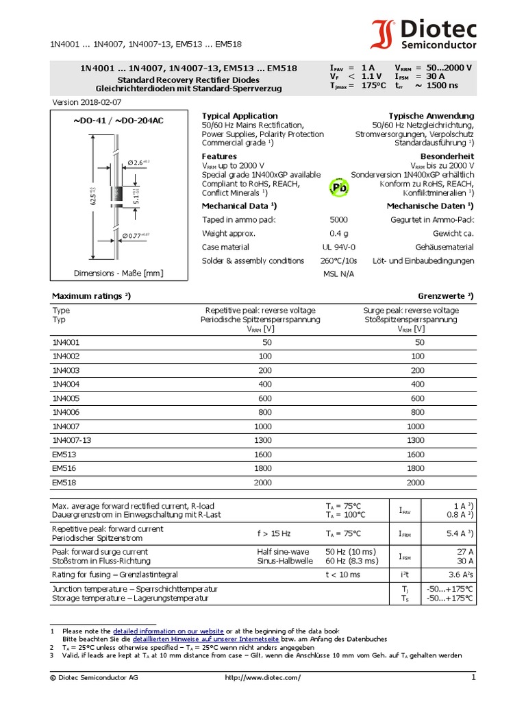 1n4001 Diode Datasheet PDF