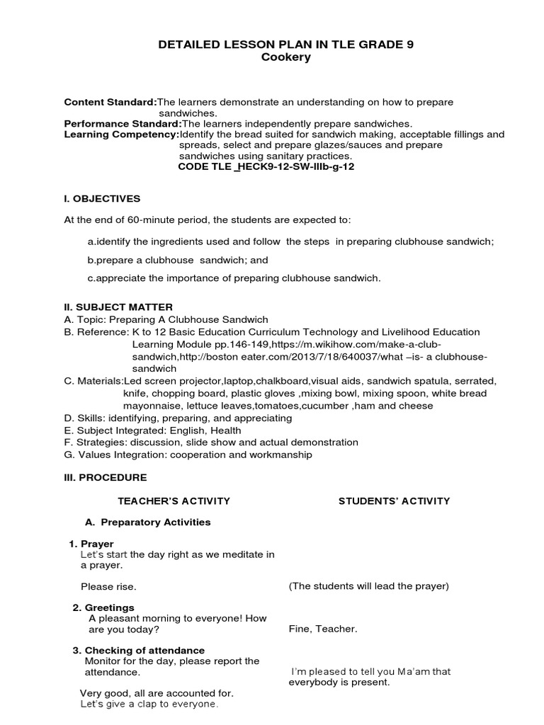 Grade 9 Cookery: Clubhouse Sandwich Plan | PDF | Menu | Sandwich