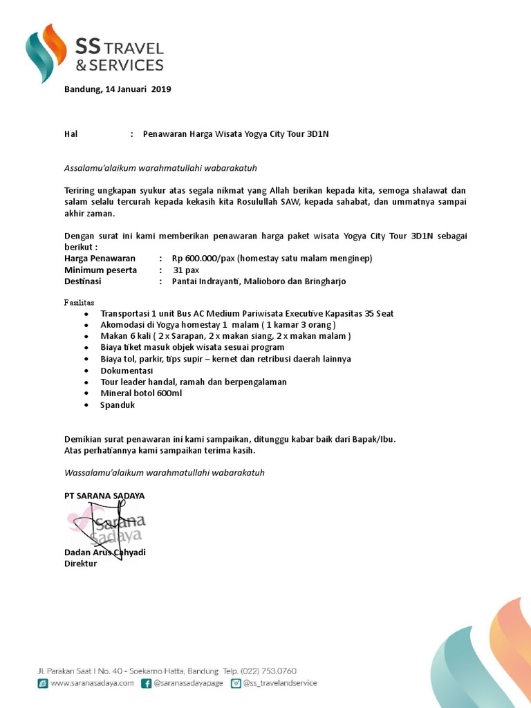 Surat Penawaran Paket Wisata Yct 3d1n Utk 31 Pax Pdf