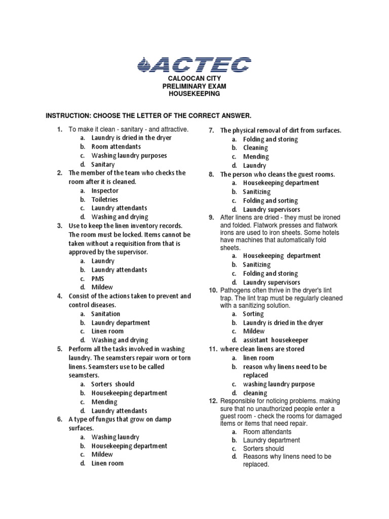 Housekeeping Question PDF Laundry Housekeeping