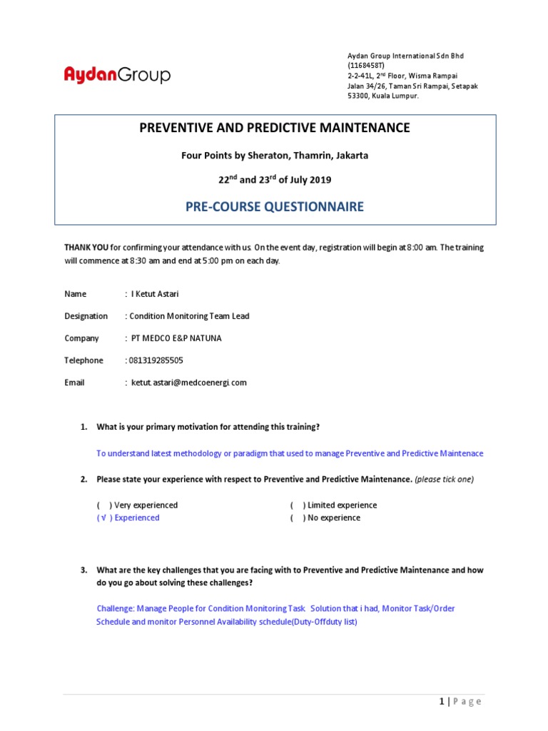 Preventive and Predictive Maintenance: Pre-Course Questionnaire | PDF ...