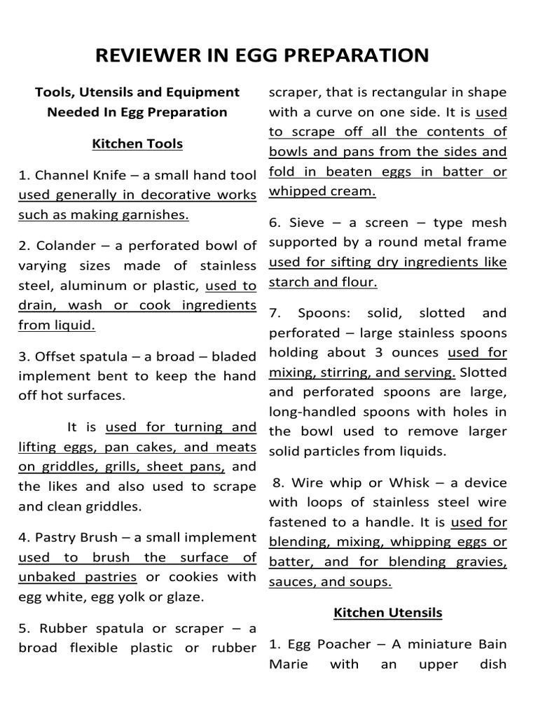 Tools, Utensils and Equipment Needed in Egg Preparation Kitchen Tools PDF Egg As Food