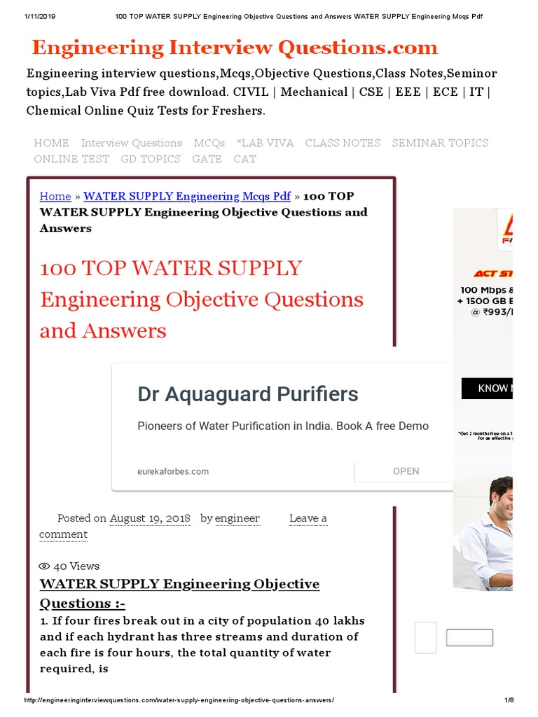 100 Water Supply Engineering MCQs | PDF | Multiple Choice | Water ...