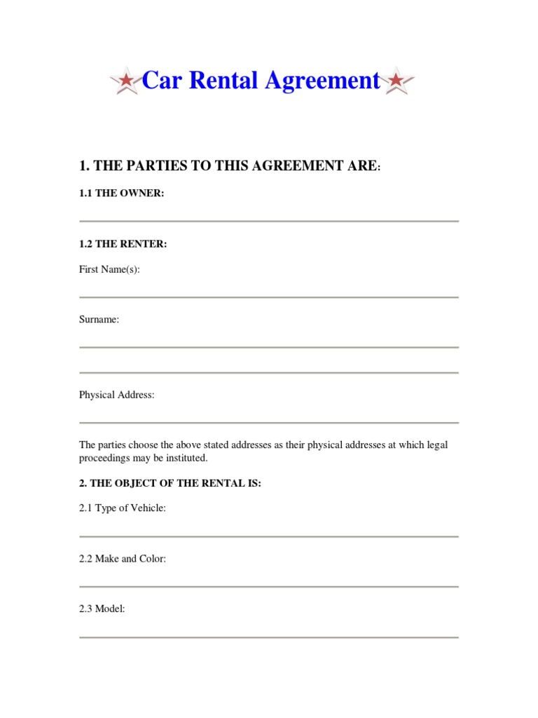 Standard Car Rental Agreement Outlining Vehicle Details, Rental Period ...