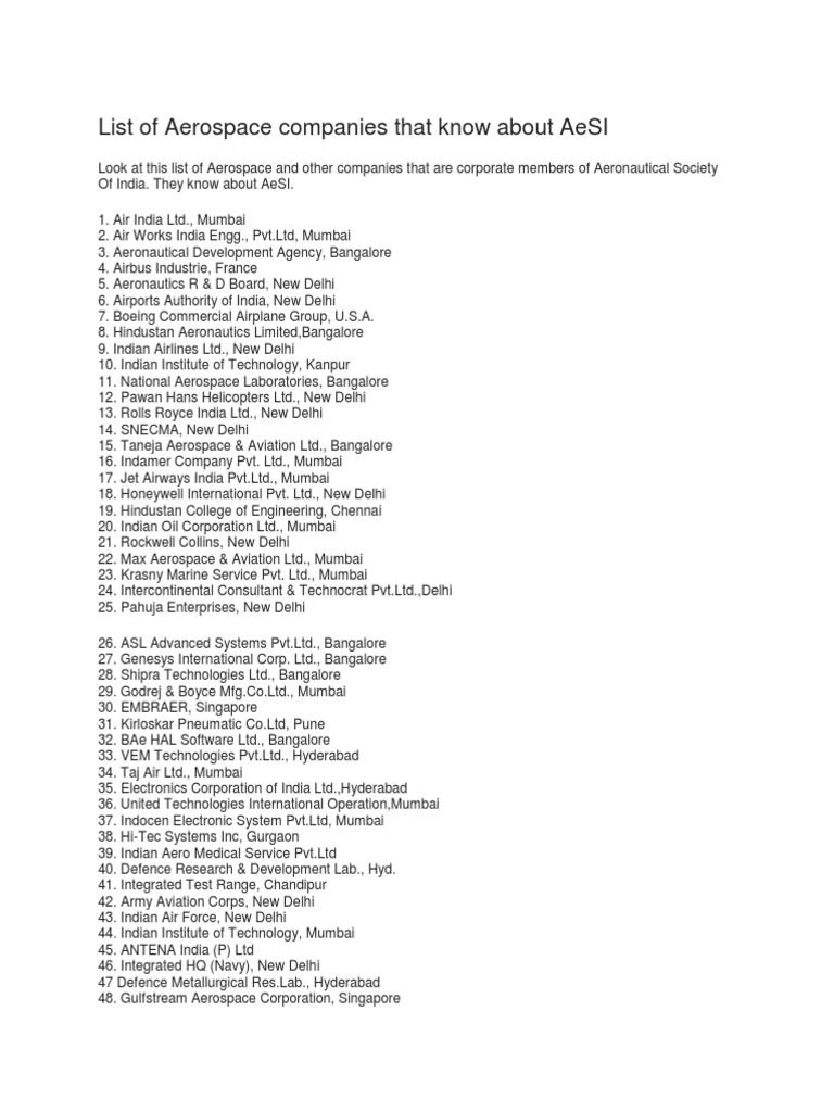 List of Aerospace Companies PDF Aerospace Bangalore