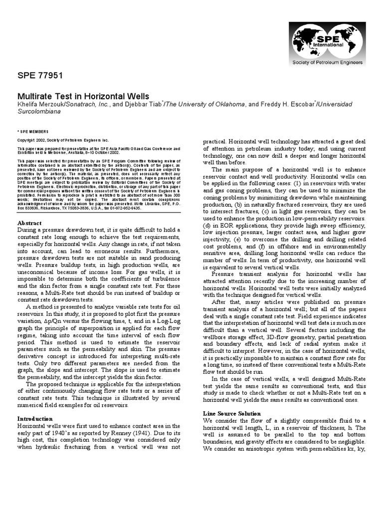 SPE 77951 Multirate Test in Horizontal Wells: Surcolombiana | PDF | Oil ...