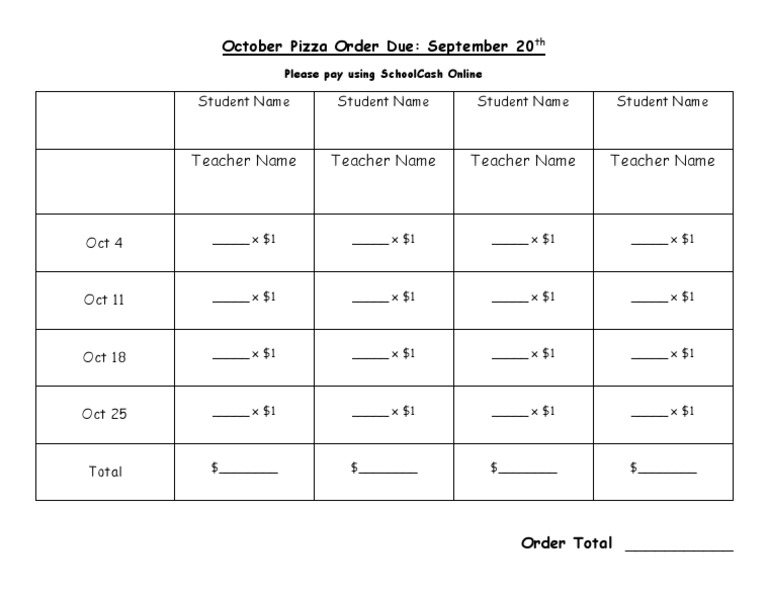 October Pizza Order Form | PDF | Cooking, Food & Wine