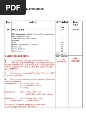 ARH Pro-Forma Invoice for Restaurant 