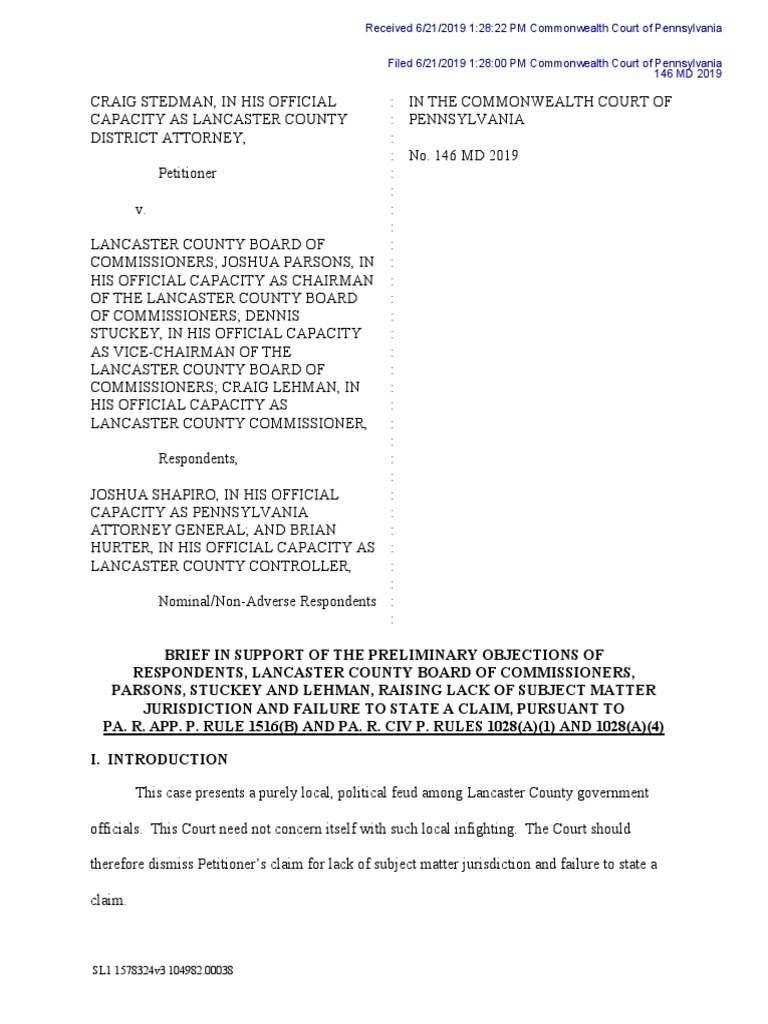 Brief in Support of The Preliminary Objections 6.21.19 Declaratory