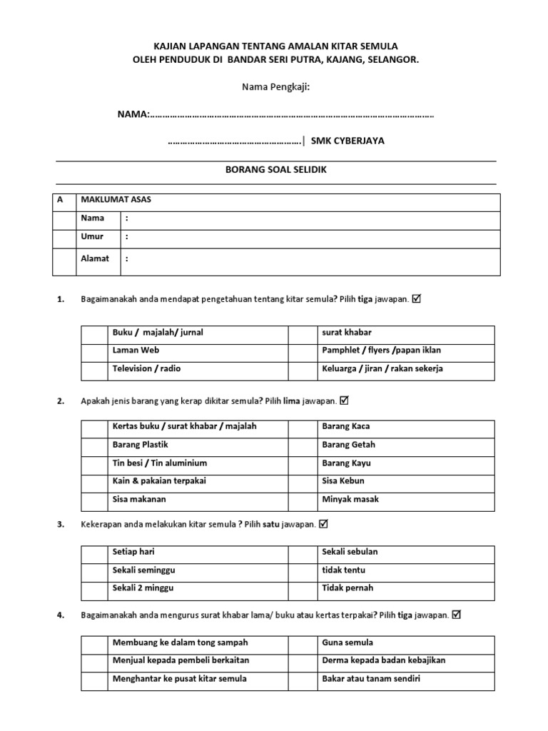 Contoh Borang Soal Selidik Geografi Kitar Semula - Guru Paud