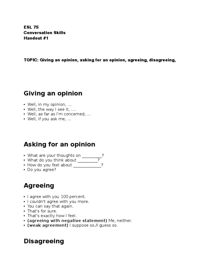 ESL Conversation Skills: Opinions Guide | PDF | Self-Improvement