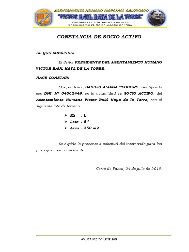 Constancia de Socio Activo | PDF