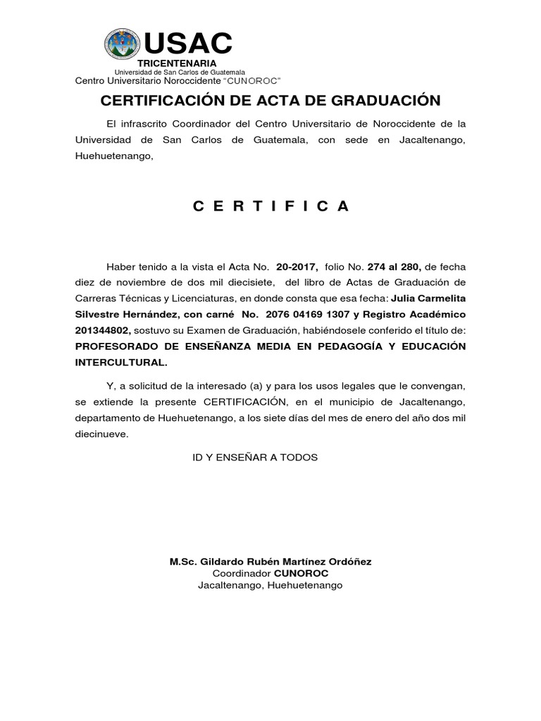 Certificacion de Acta de Graduacion Pem. Modificado 2017 | PDF