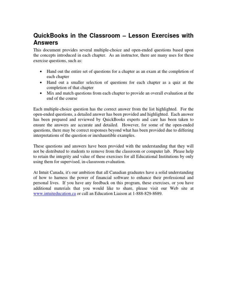Quickbooks in The Classroom Lesson Exercises With Answers WWW