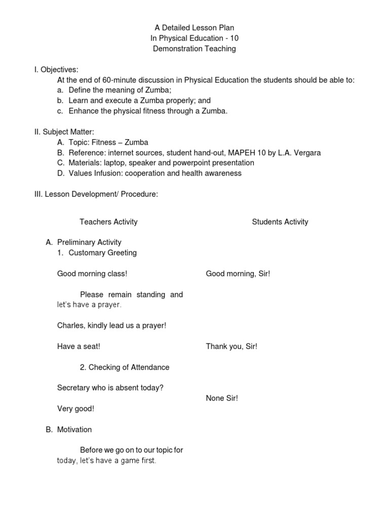 Zumba Lesson Plan for Grade 10 PE | PDF | Lesson Plan | Physical Education