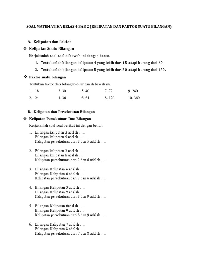 Soal Matematika Kelas 4: Bab 2 Kelipatan | PDF