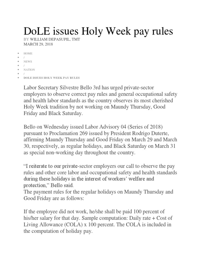 Holy Week Pay Rules and Guidelines | PDF | Overtime | Unemployment Benefits