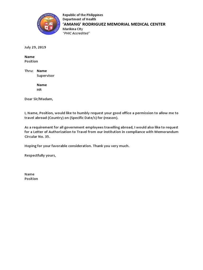 Letter Requesting To Travel Abroad