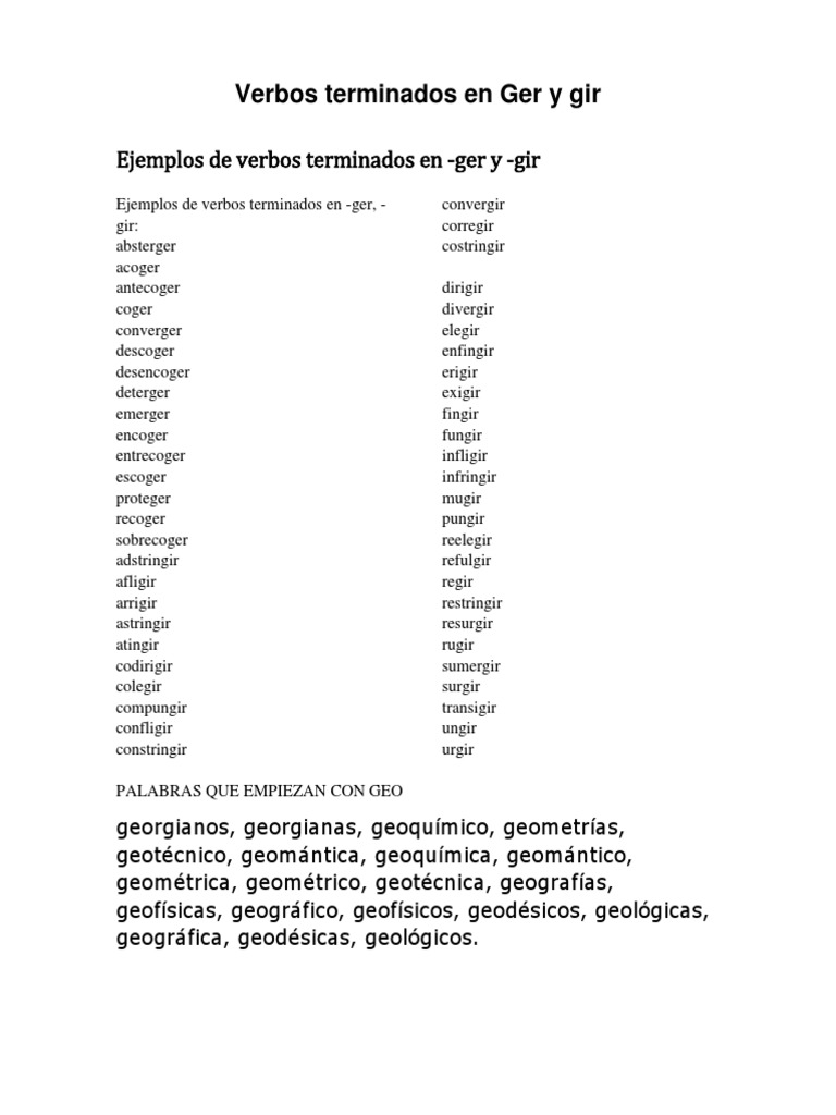 Verbos Terminados en Ger y Gir Geología Ciencia