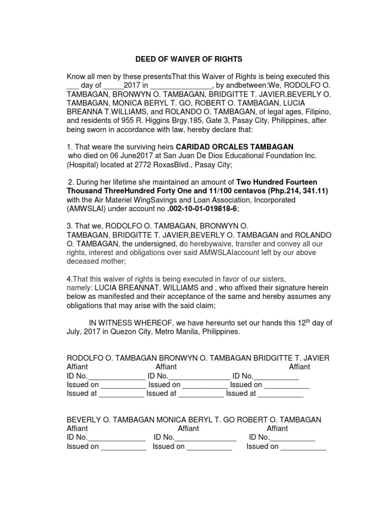 Deed of Waiver of Rights | PDF | Legal Documents | Philippines