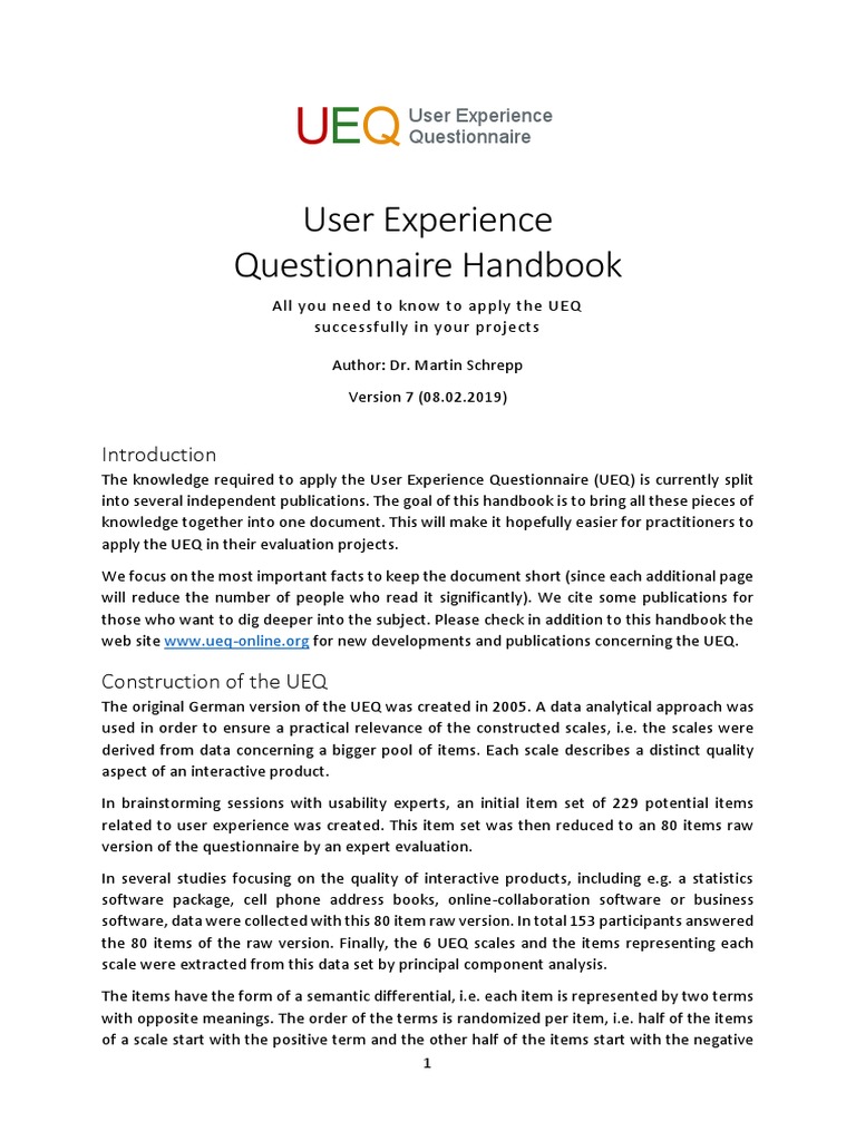 User Experience Questionnaire Handbook | PDF | User Experience | Usability
