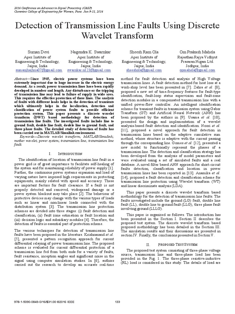 Detection of Transmission Line Faults Using Discrete Wavelet Transform ...