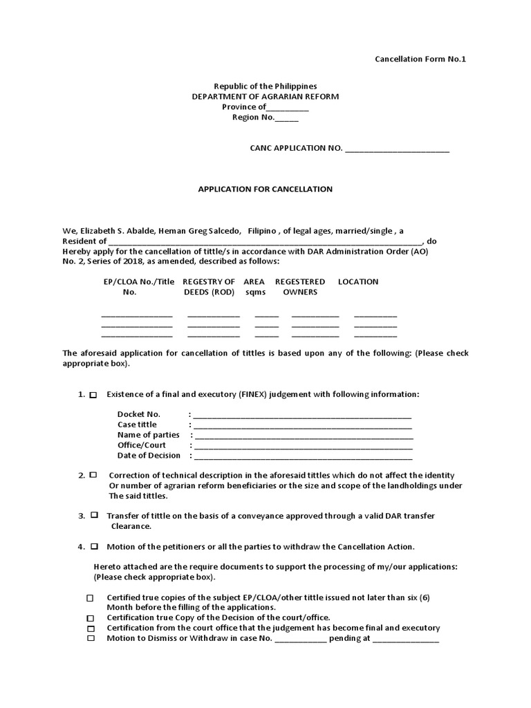 Cancellation Application for Titles | PDF | Public Law | Government ...