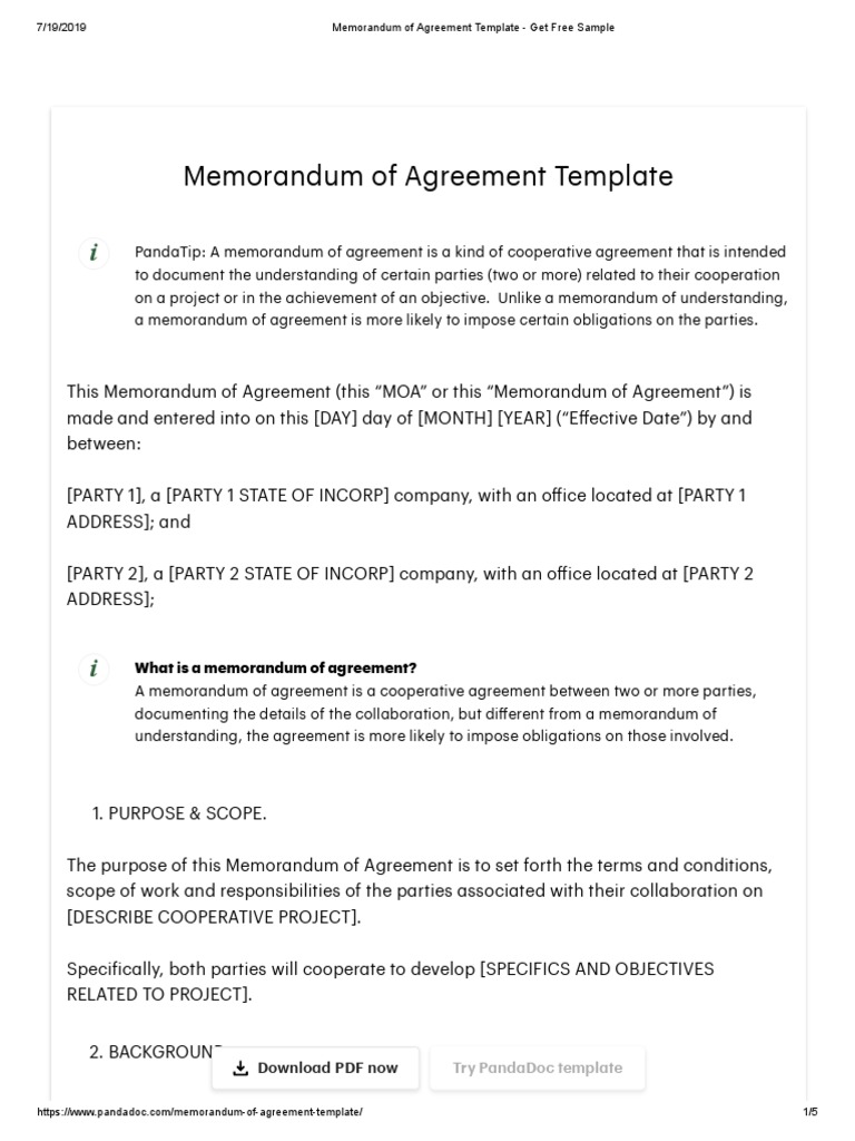 Memorandum of Agreement Template - Get Free Sample | PDF | Indemnity ...