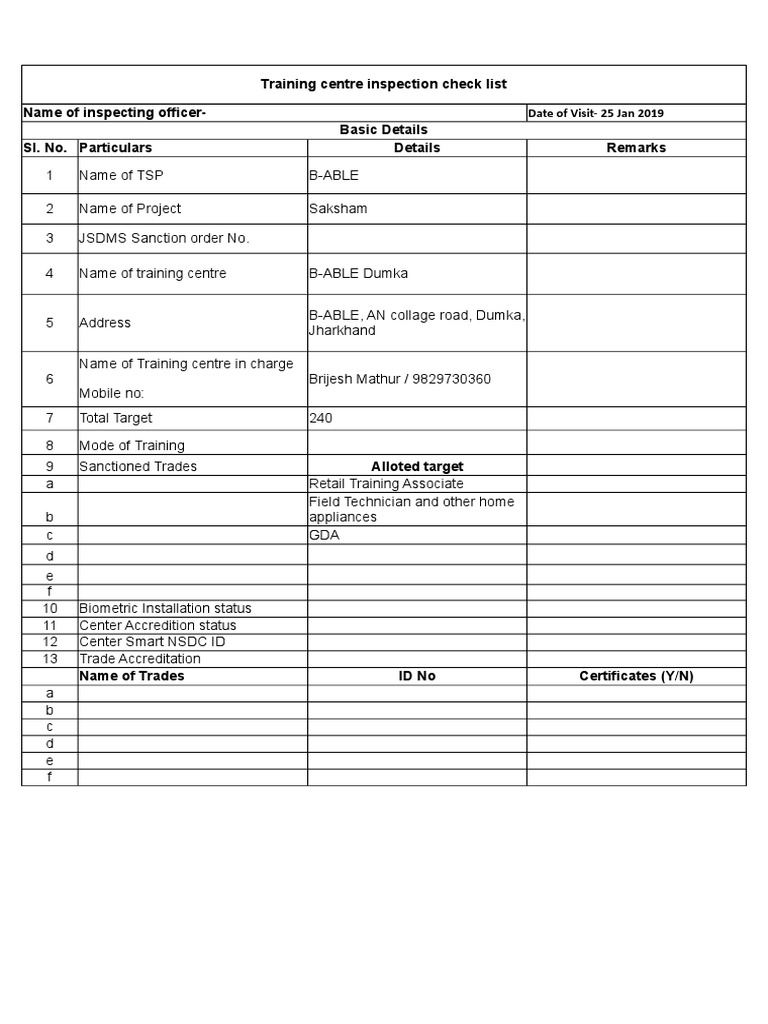 Training Centre Inspection Check List Name of Inspecting Officer-Basic ...