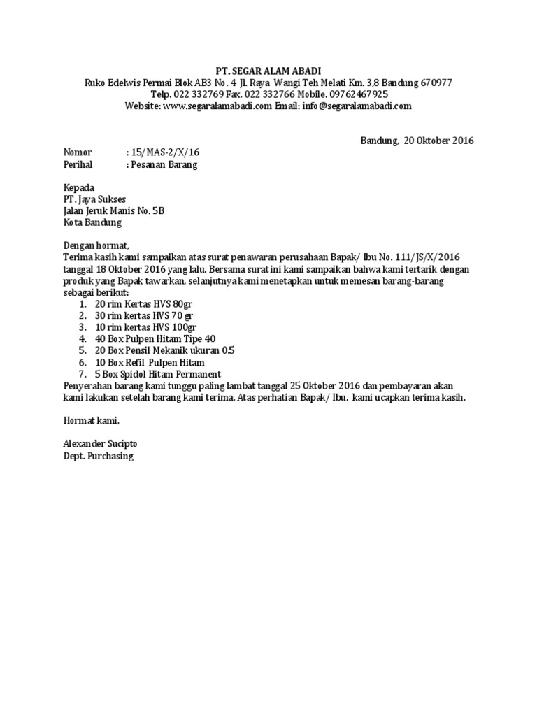 Contoh Surat Pesanan Barang Atk