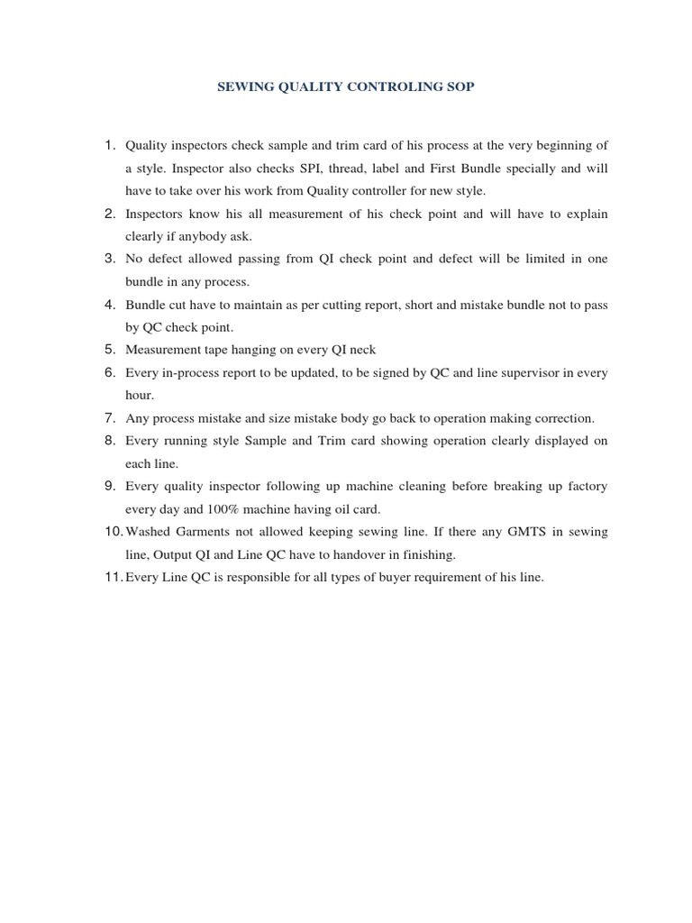 Sewing Quality Control SOP | PDF