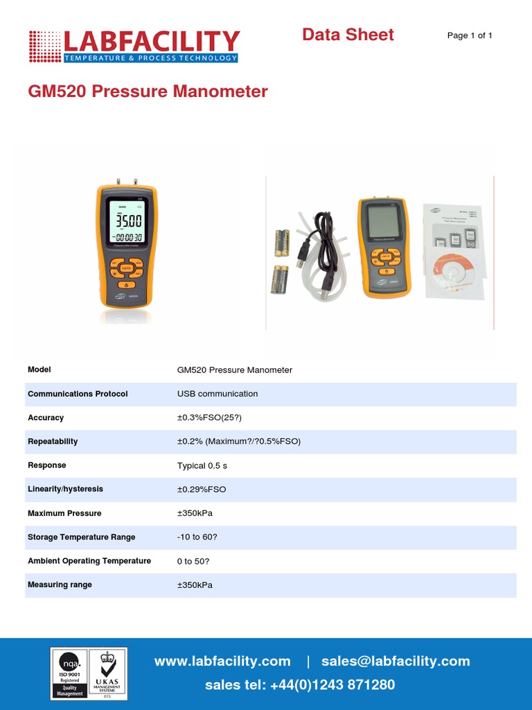 GM520 Pressure Manometer Data Sheet | PDF