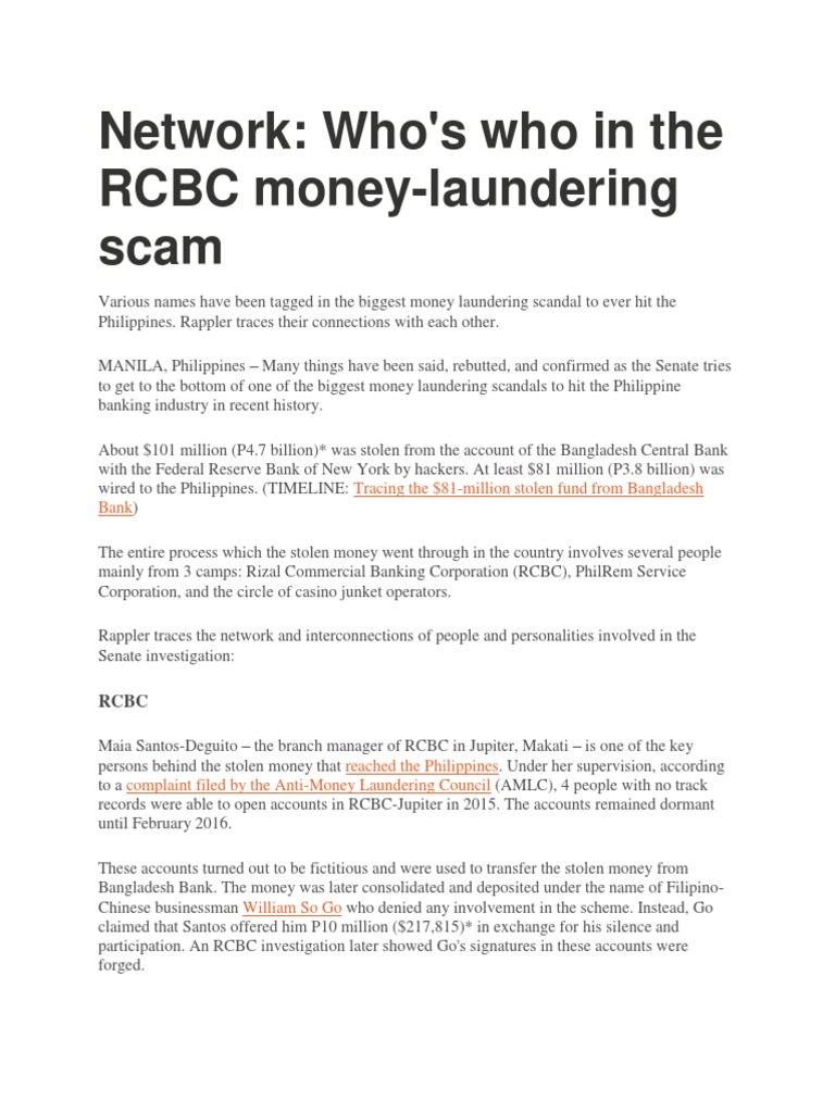 RCBC Money Laundering Scandal Overview | PDF | Money Laundering | Banks