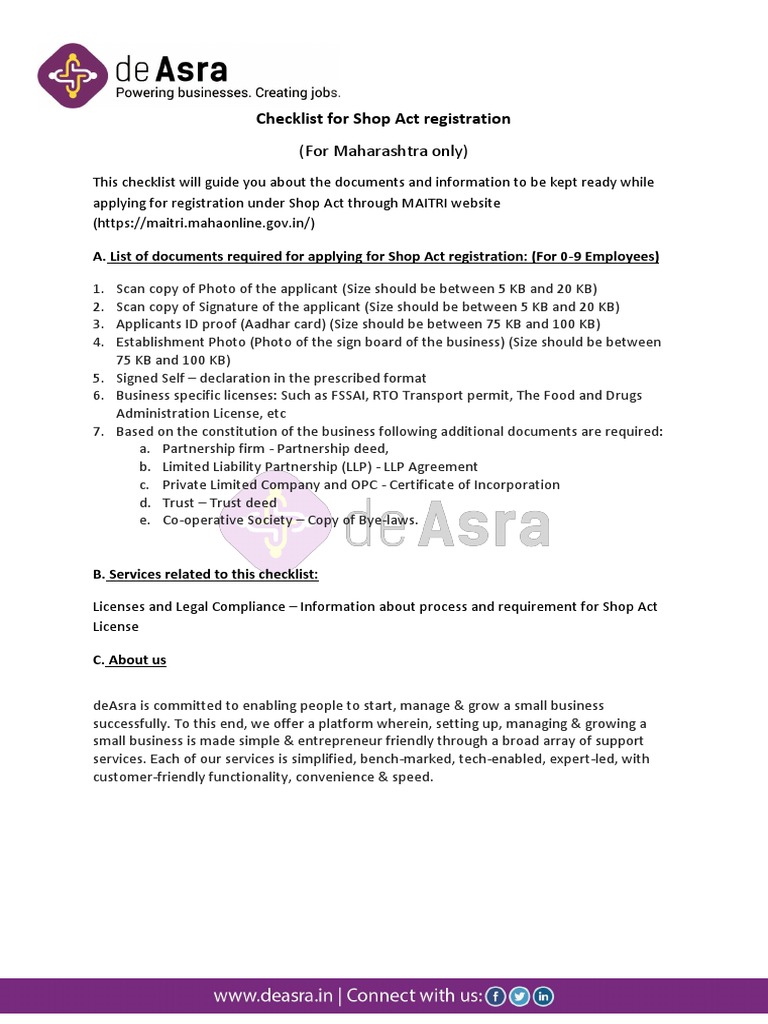Shop Act Registration Document Checklist | PDF | Limited Liability ...