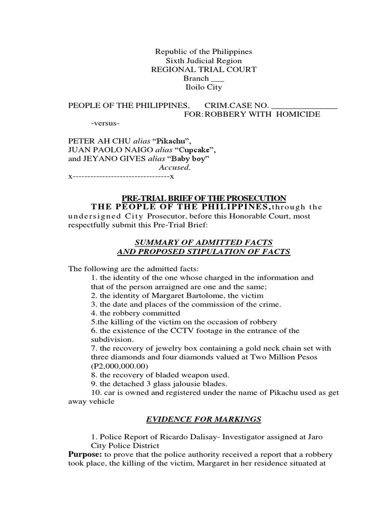 Pre-Trial Brief: Robbery with Homicide | PDF | Prosecutor | Testimony