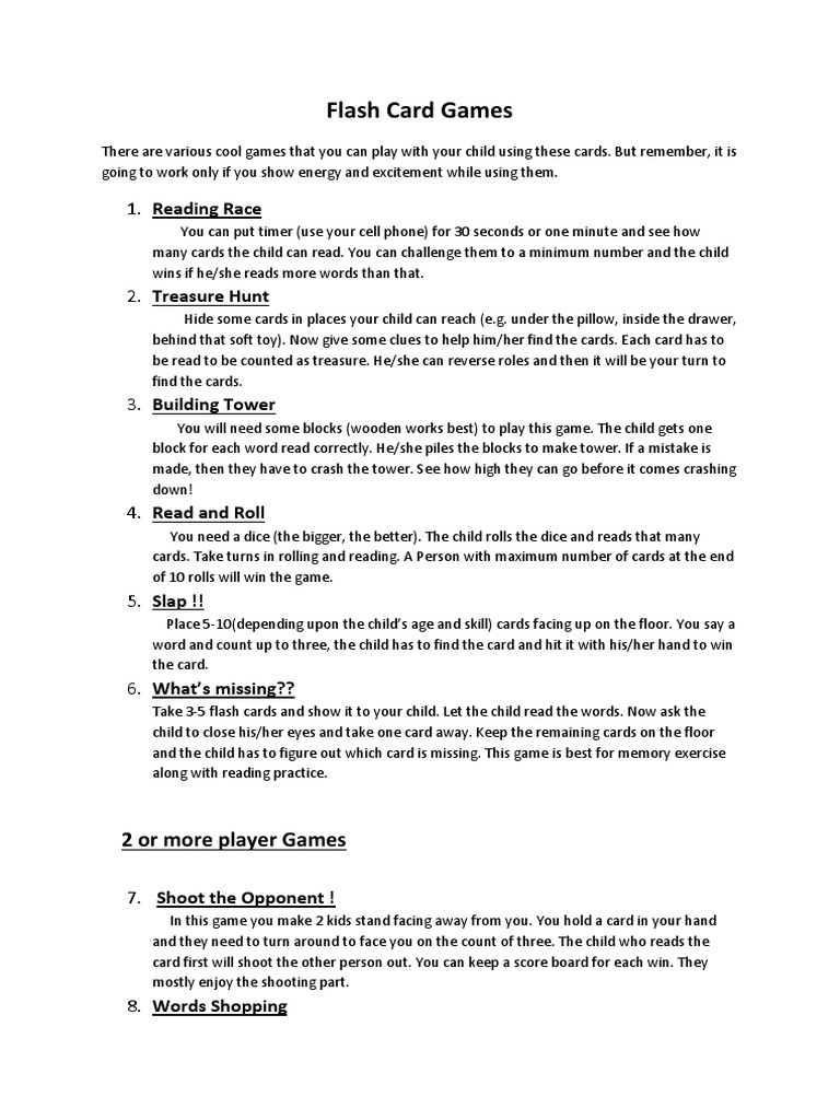 Flash Card Games 1. Reading Race PDF Leisure